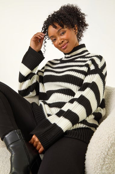 Roman Black Petite Stripe High Neck Jumper