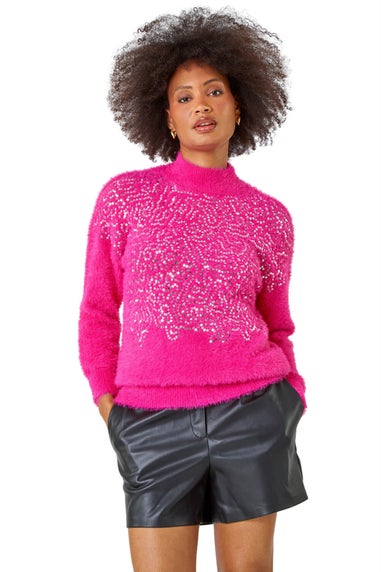 Dusk Candy Pink Fluffy Sequin Embellished Jumper