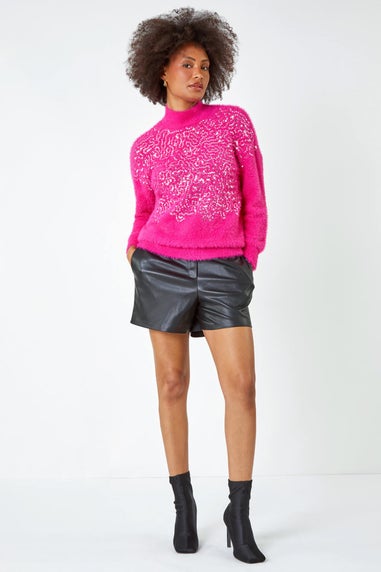 Dusk Candy Pink Fluffy Sequin Embellished Jumper