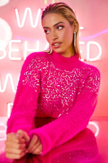 Dusk Candy Pink Fluffy Sequin Embellished Jumper