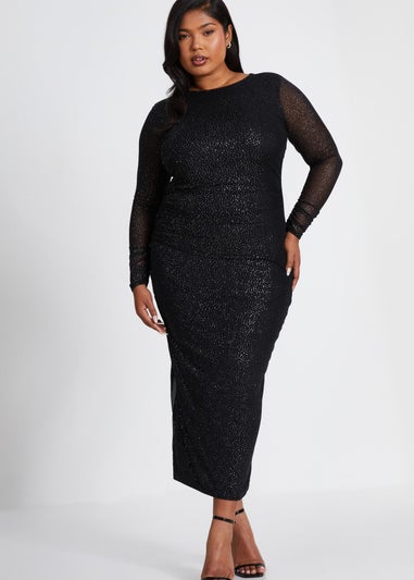 Quiz Black Curve Glitter Mesh Midaxi Dress