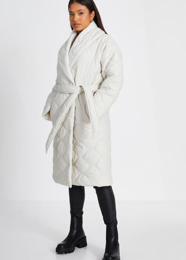 Quiz Cream Petite Quilted Long Line Coat