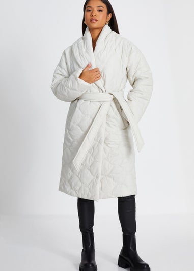 Quiz Cream Petite Quilted Long Line Coat