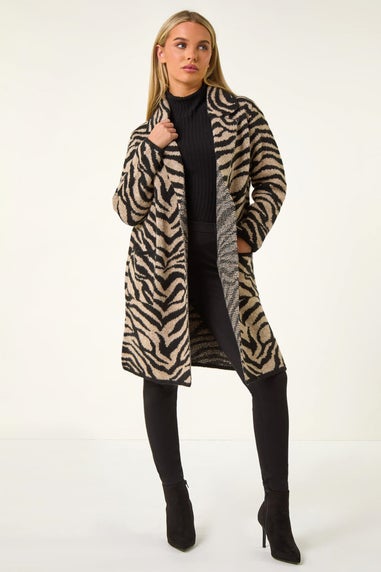 Roman Black Petite Animal Print Knit Coatigan