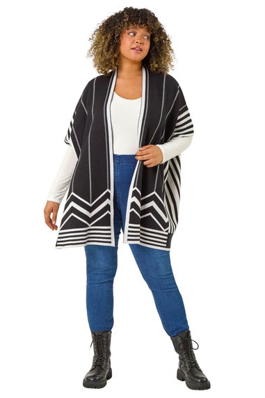 Roman Black Curve Stripe Hem Square Poncho