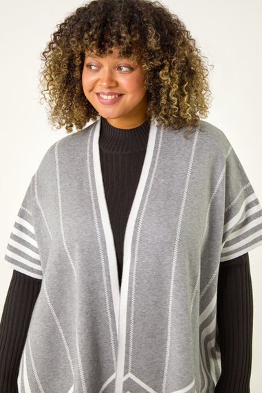 Roman Grey Curve Stripe Hem Square Poncho