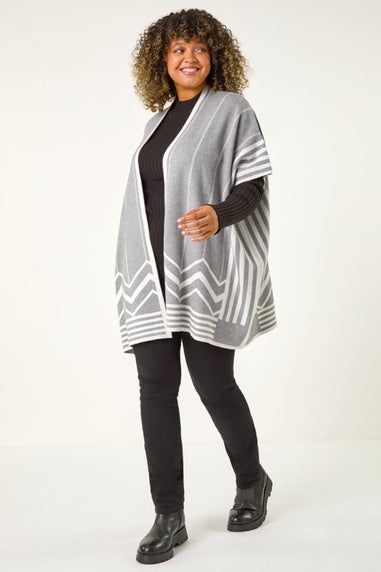 Roman Grey Curve Stripe Hem Square Poncho