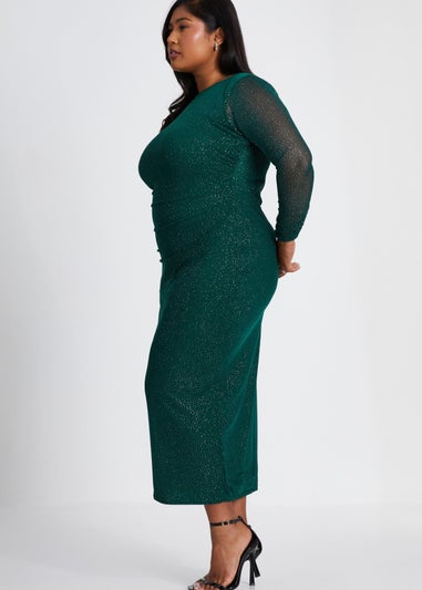 Quiz Green Curve Glitter Mesh Midaxi Dress