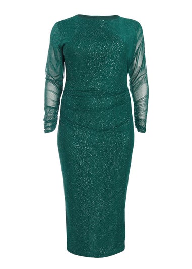 Quiz Green Curve Glitter Mesh Midaxi Dress