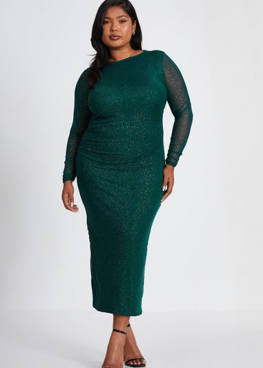 Quiz Green Curve Glitter Mesh Midaxi Dress