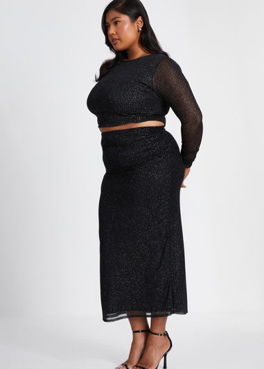 Quiz Black Curve Glitter Mesh Midaxi Skirt