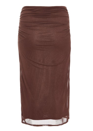 Quiz Brown Curve Glitter Mesh Midaxi Skirt