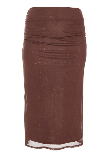 Quiz Brown Curve Glitter Mesh Midaxi Skirt