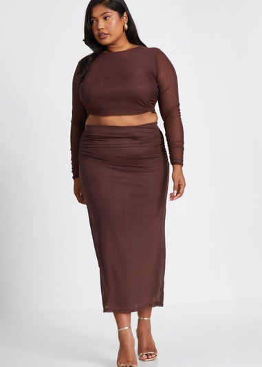 Quiz Brown Curve Glitter Mesh Midaxi Skirt