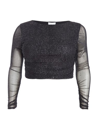 Quiz Black Curve Glitter Mesh Long Sleeve Top