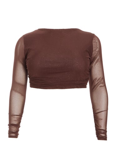 Quiz Brown Curve Glitter Mesh Long Sleeve Top