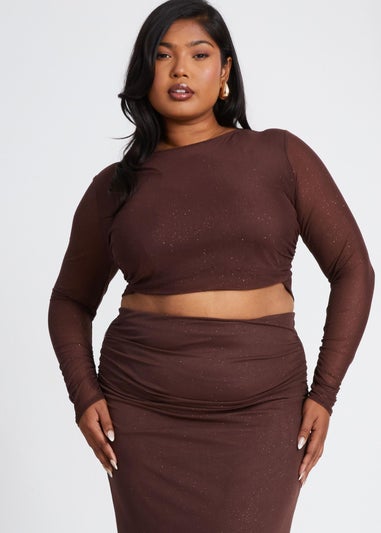 Quiz Brown Curve Glitter Mesh Long Sleeve Top