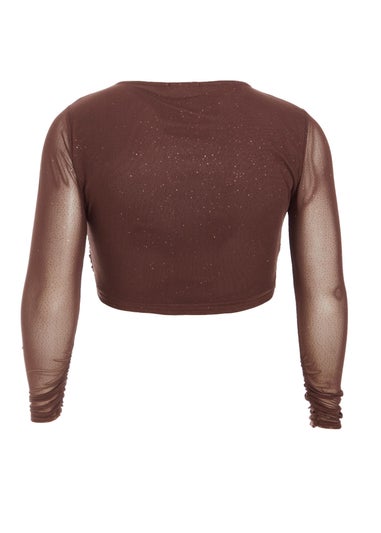 Quiz Brown Curve Glitter Mesh Long Sleeve Top