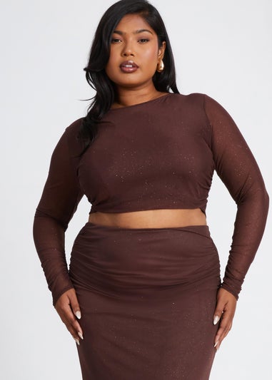 Quiz Brown Curve Glitter Mesh Long Sleeve Top