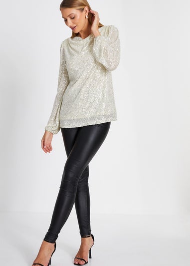 Quiz Champagne Sequin Drape Neck Boxy Top