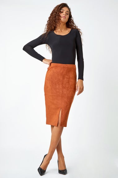 Roman Tan Suedette Pencil Stretch Skirt