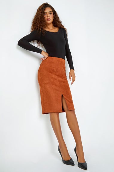 Roman Tan Suedette Pencil Stretch Skirt