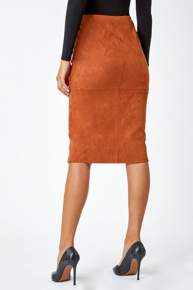 Roman Tan Suedette Pencil Stretch Skirt