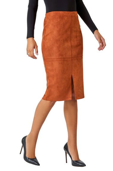 Roman Tan Suedette Pencil Stretch Skirt