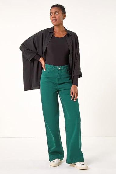 Roman Teal Cotton Blend Wide Leg Stretch Jeans