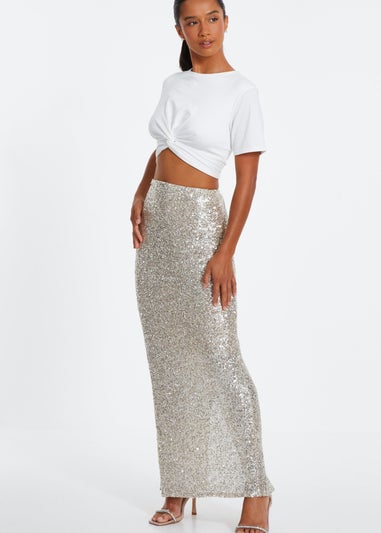 Quiz Champagne Petite Sequin Maxi Skirt