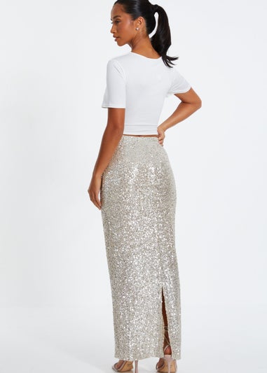 Quiz Champagne Petite Sequin Maxi Skirt