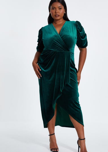 Quiz Green Curve Velvet Wrap Midi Dress