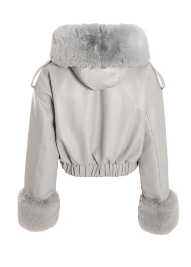 Quiz Grey Faux Fur Bomber Jacket