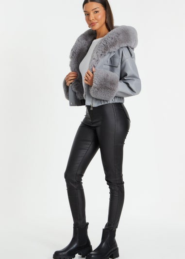 Quiz Grey Faux Fur Bomber Jacket