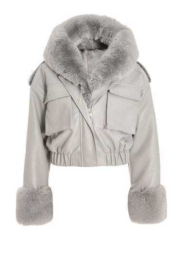 Quiz Grey Faux Fur Bomber Jacket