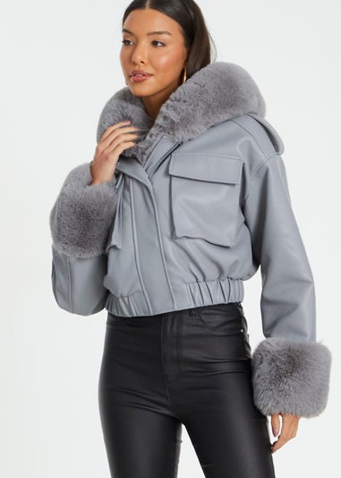 Quiz Grey Faux Fur Bomber Jacket