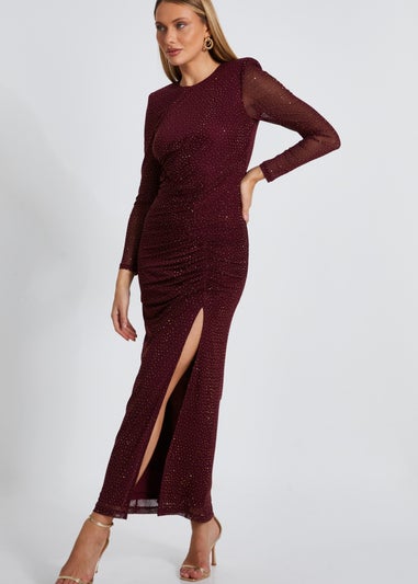 Quiz Burgundy Mesh Diamante Midaxi Dress