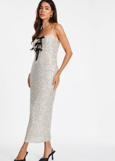 Quiz Silver Sequin Bow Front Midaxi Dress