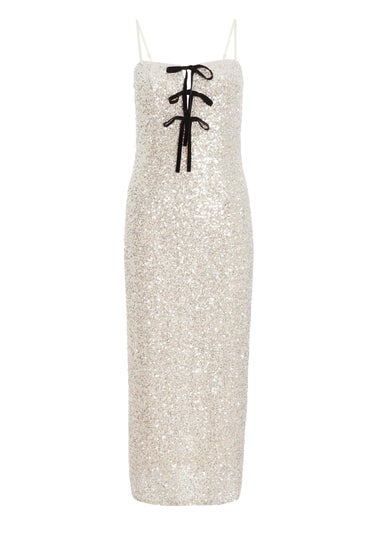 Quiz Silver Sequin Bow Front Midaxi Dress