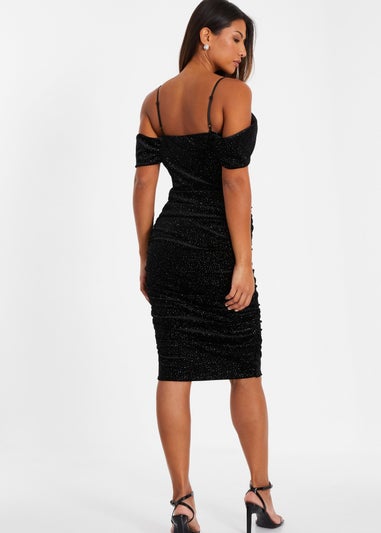 Quiz Black Velvet Glitter Cold Shoulder Midi Dress