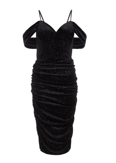 Quiz Black Velvet Glitter Cold Shoulder Midi Dress