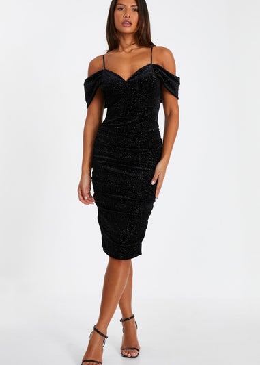 Quiz Black Velvet Glitter Cold Shoulder Midi Dress