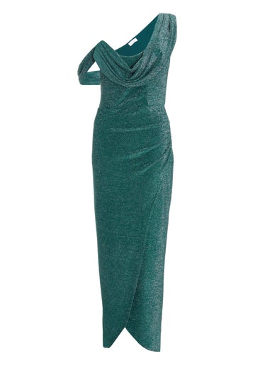 Quiz Green Shimmer Asymmetric Cowl Neck Maxi Dress