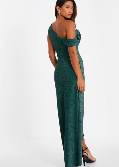 Quiz Green Shimmer Asymmetric Cowl Neck Maxi Dress