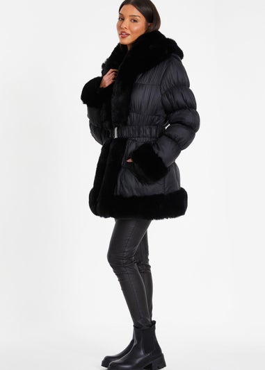 Quiz Black Padded Faux Fur Trim Jacket