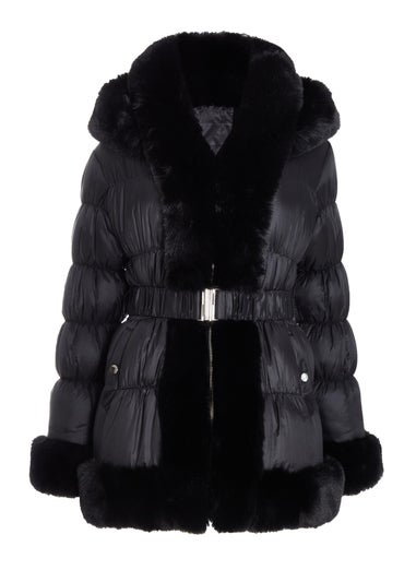 Quiz Black Padded Faux Fur Trim Jacket