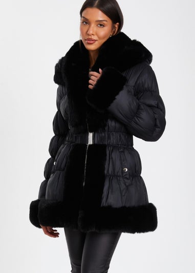 Quiz Black Padded Faux Fur Trim Jacket