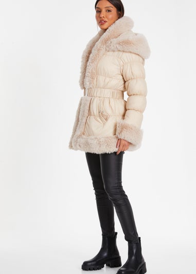 Quiz Stone Padded Faux Fur Trim Jacket