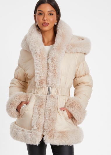 Quiz Stone Padded Faux Fur Trim Jacket