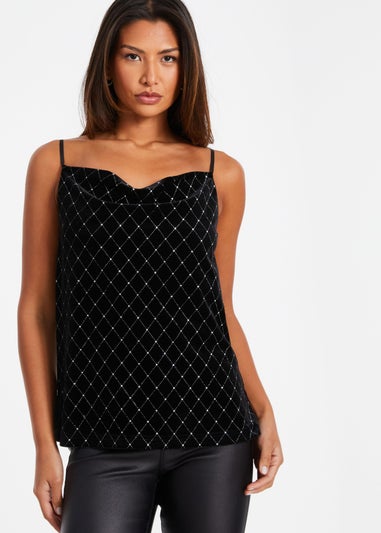 Quiz Black Glitter Velvet Vest Top